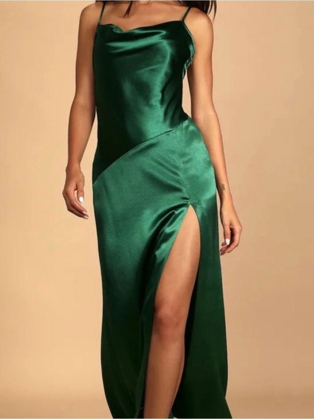 Lulus Caroline Elegant Green Satin Slip Dress with Thigh Slit